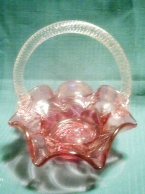 Vintage Pink Art Glass Basket with Ruffled Rim & Twisted Handle